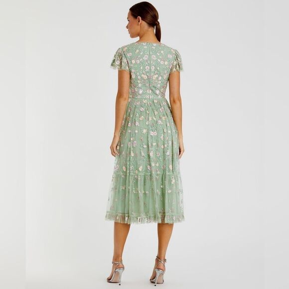 Mac Duggal Green Multicolor Embroidered V Neck Cap Sleeve Midi Dress 35104 - Picture 4 of 14